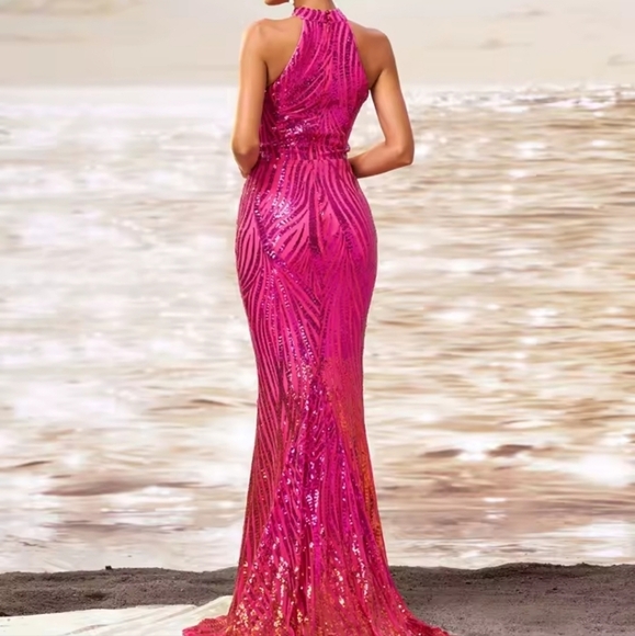 Pink Sequin Backless Halter Gown - Picture 12 of 12